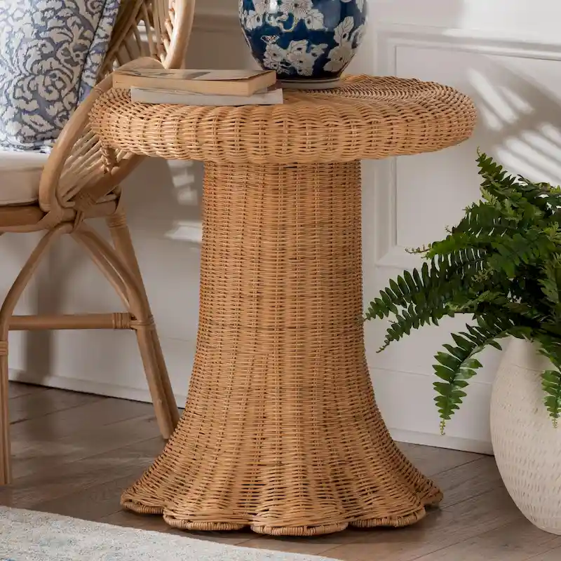 Round Rattan Side Table with Scalloped Pedestal Base