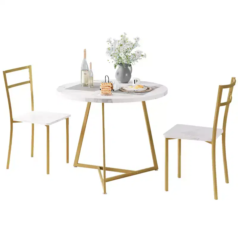 Round Dining Table Set, White, 3-Piece, Seats 2