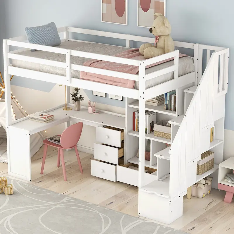 Twin Size Loft Bed with L-Shaped Desk and Drawers, Cabinet and Storage Staircase