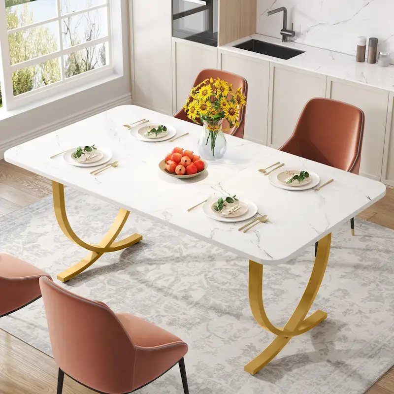 63" Rectangular Dining Table with Faux Marble Top and Gold Metal Legs – White & Gold, for 4–6 People