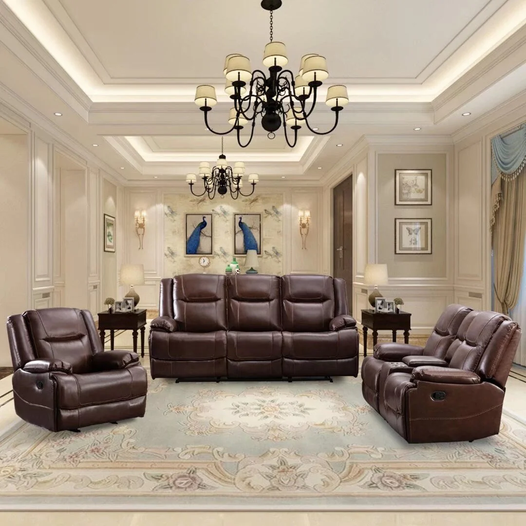 Genuine Leather Mid-century Modern Style Manual Recliners Sofa Set