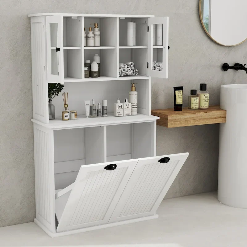 White 60 in. H Storage Cabinet, Two-Compartment Tilt-Out Dirty Laundry Basket Tall Bathroom Cabinet with 2 Adjustable Shelves