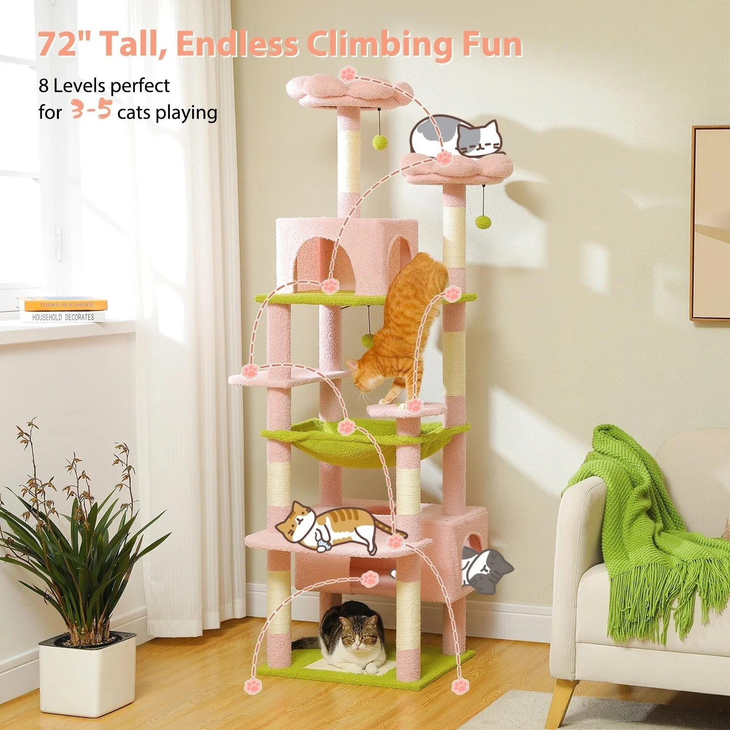 Large Cat Tower Cat Condo with Scratching Posts and Pads, 2 Padded Perch, Dual Condo and Basket