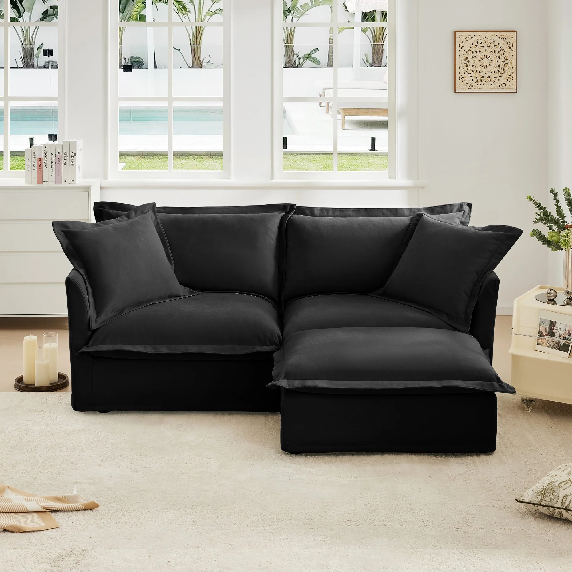 Walker Edison | Wide Deep Seat Slipcovered Black Loveseat Sofa with Ottoman