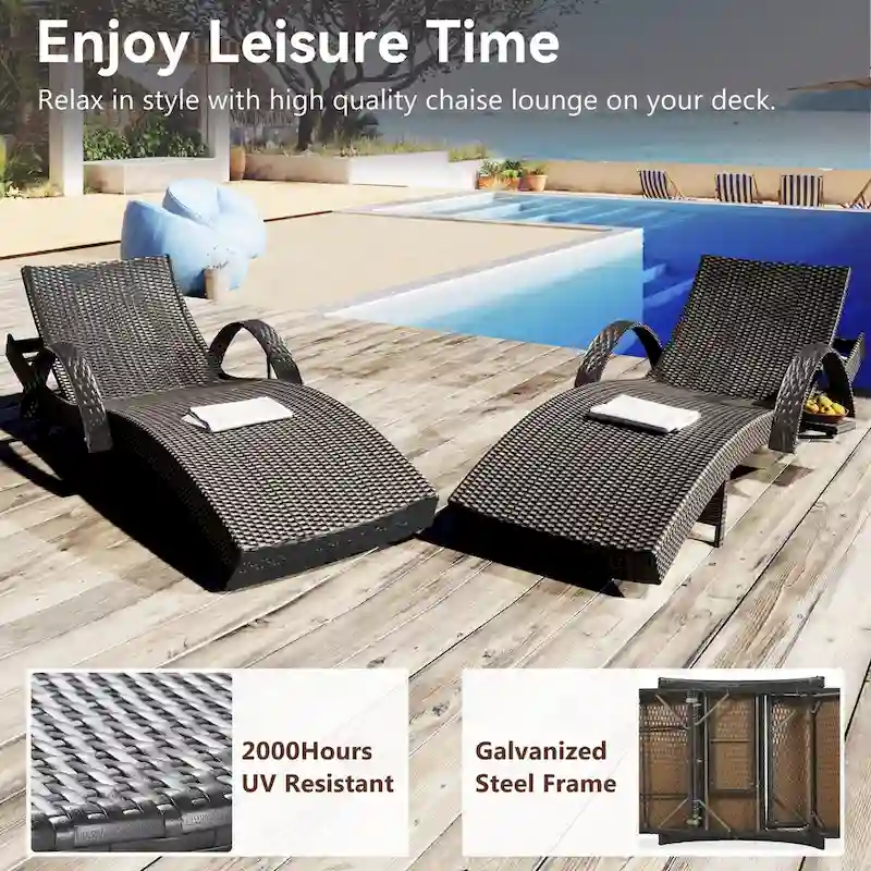 80 Wicker Chaise Lounge Chairs Set of 2,Patio Rattan Reclining Chair Pull-out Side Table Adjustable Backrest Ergonomic