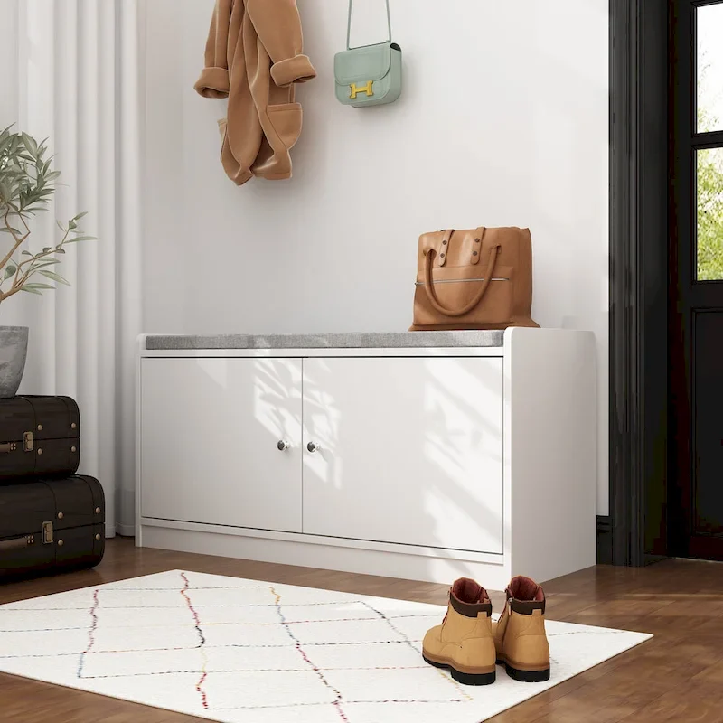 35.8W White Storage Bench with Drawers and Padded Seat Cushion