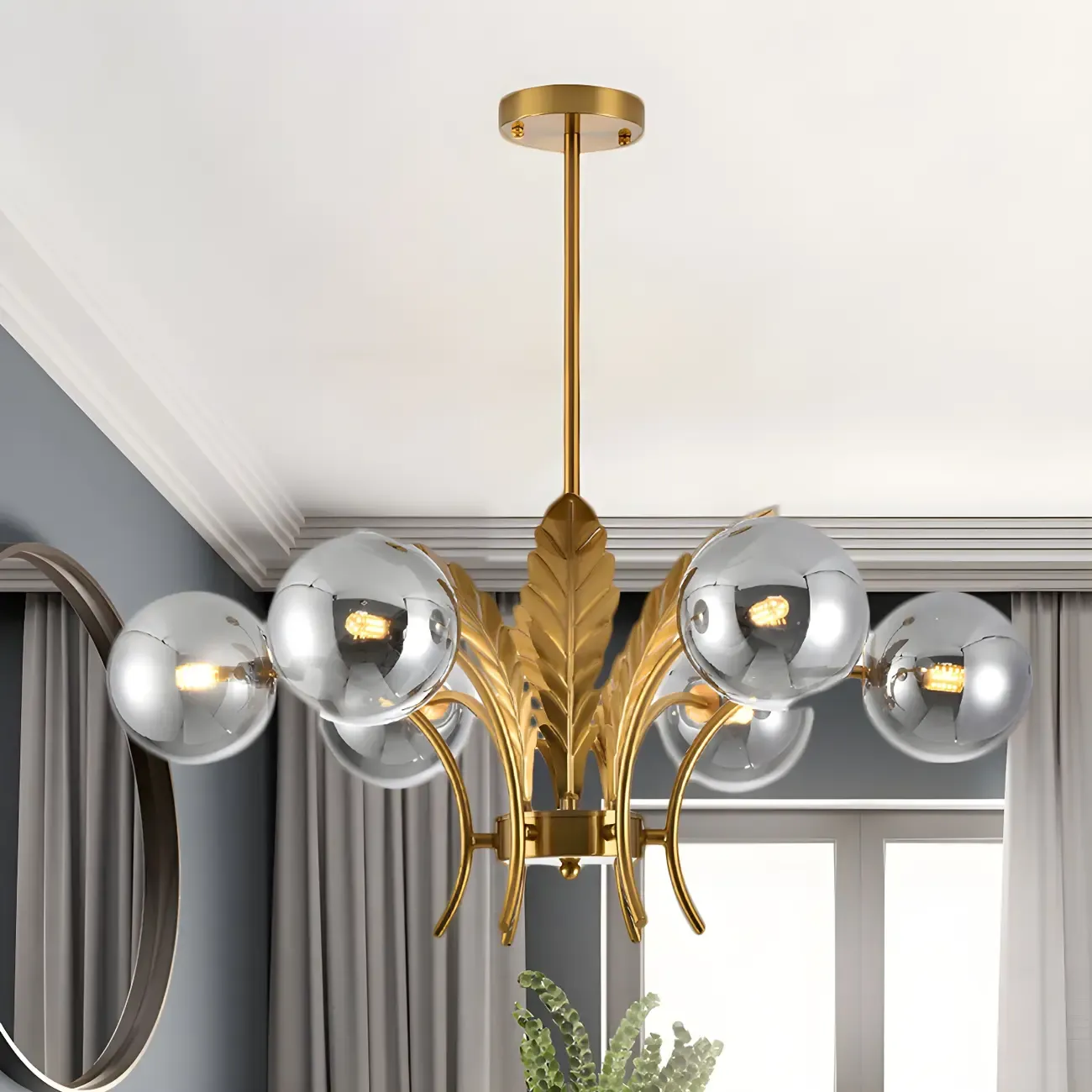 Luxury 6-light Gold Leaf Chandelier with Glass Globes