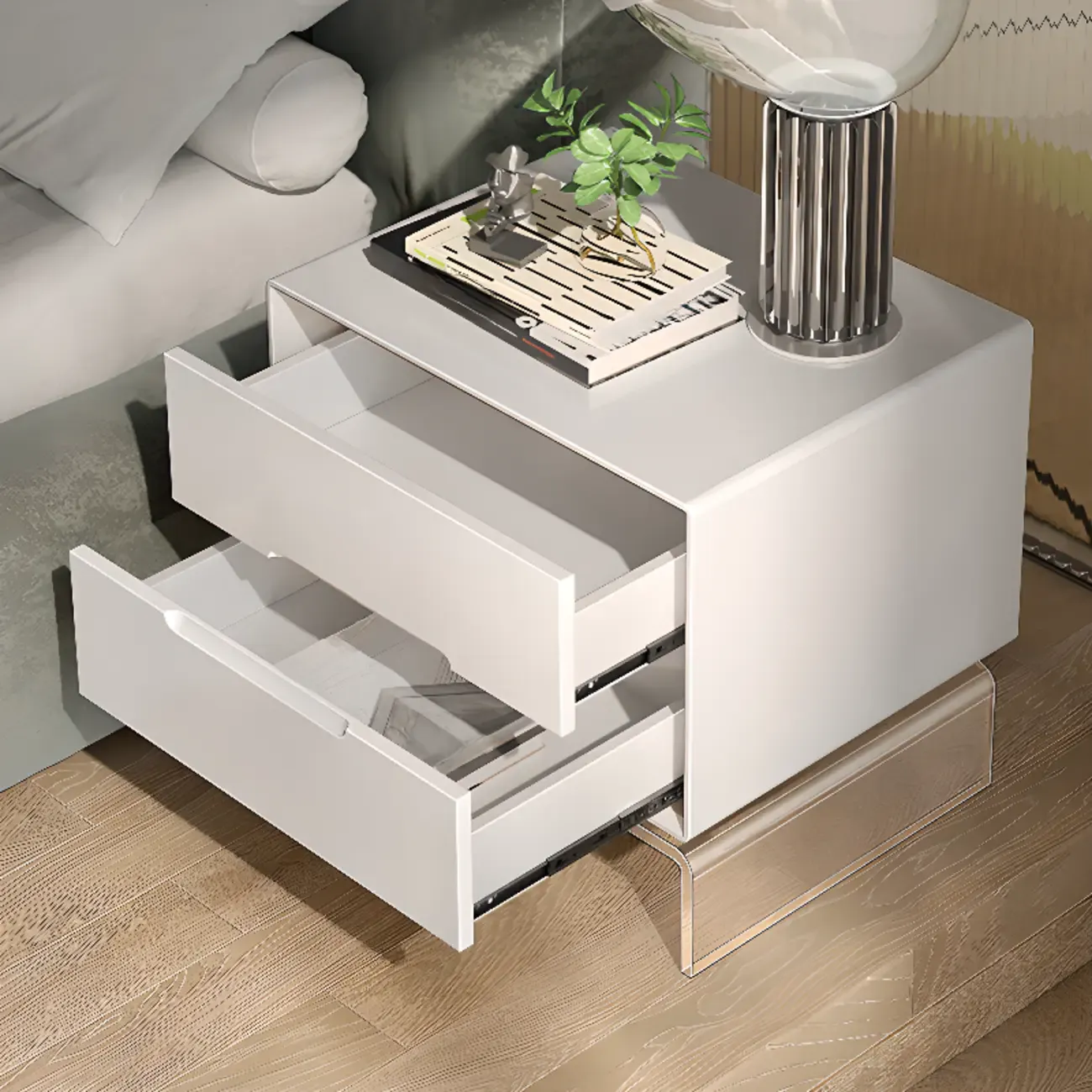 Modern Acrylic Leg Timber White Nightstand with Drawers