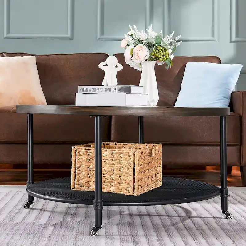 Round Industrial Coffee Table with Casters