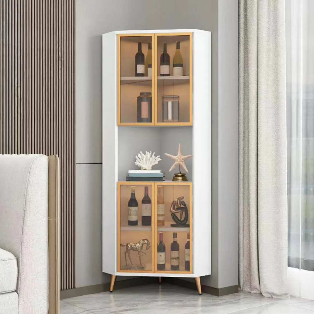 Modern Glam White-Gold Wood Glass Display Cabinet
