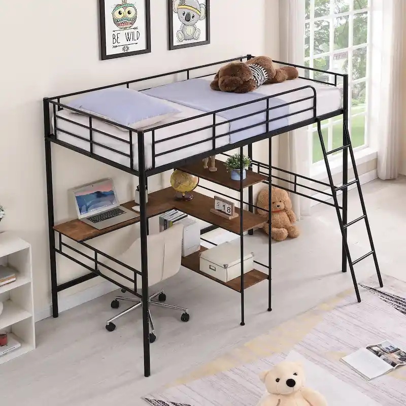 Twin Metal Loft Bed with Desk & Shelves