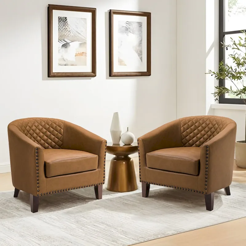 2 Set Vegan Leather Barrel Accent Chairs with Nailheads Trim