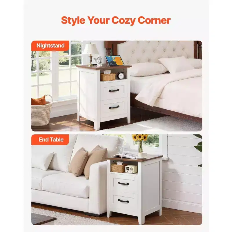 Farmhouse Nightstands, with Charging Station, Set of 2, End Tables with 2 Drawers and Open Shelf