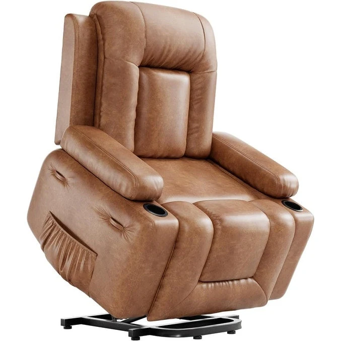 Power lift recliner chair with massage, cup holders, and side pocket.