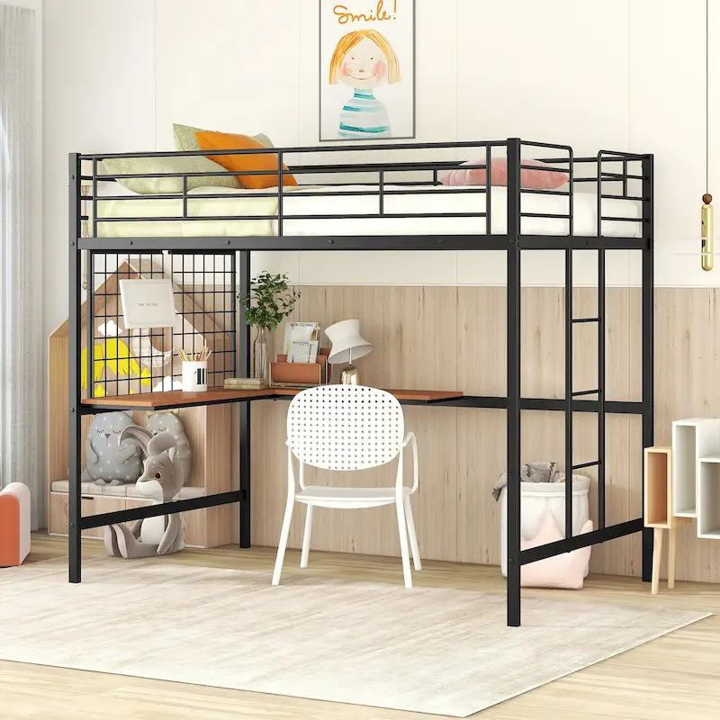 Black Full Size Metal Loft Bed with Desk, Ladder & Grid