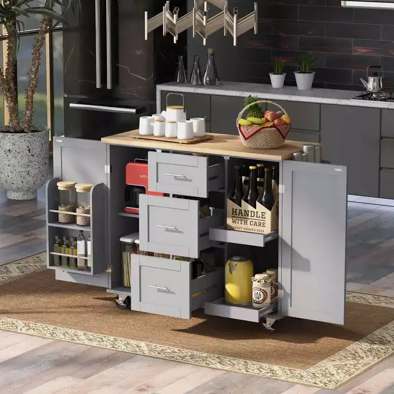 MAYEERTY Black Rolling Kitchen Island with Rubber Wood Top, 3 Drawers 2 Slide-Out Shelves Spice Rack Tower Rack