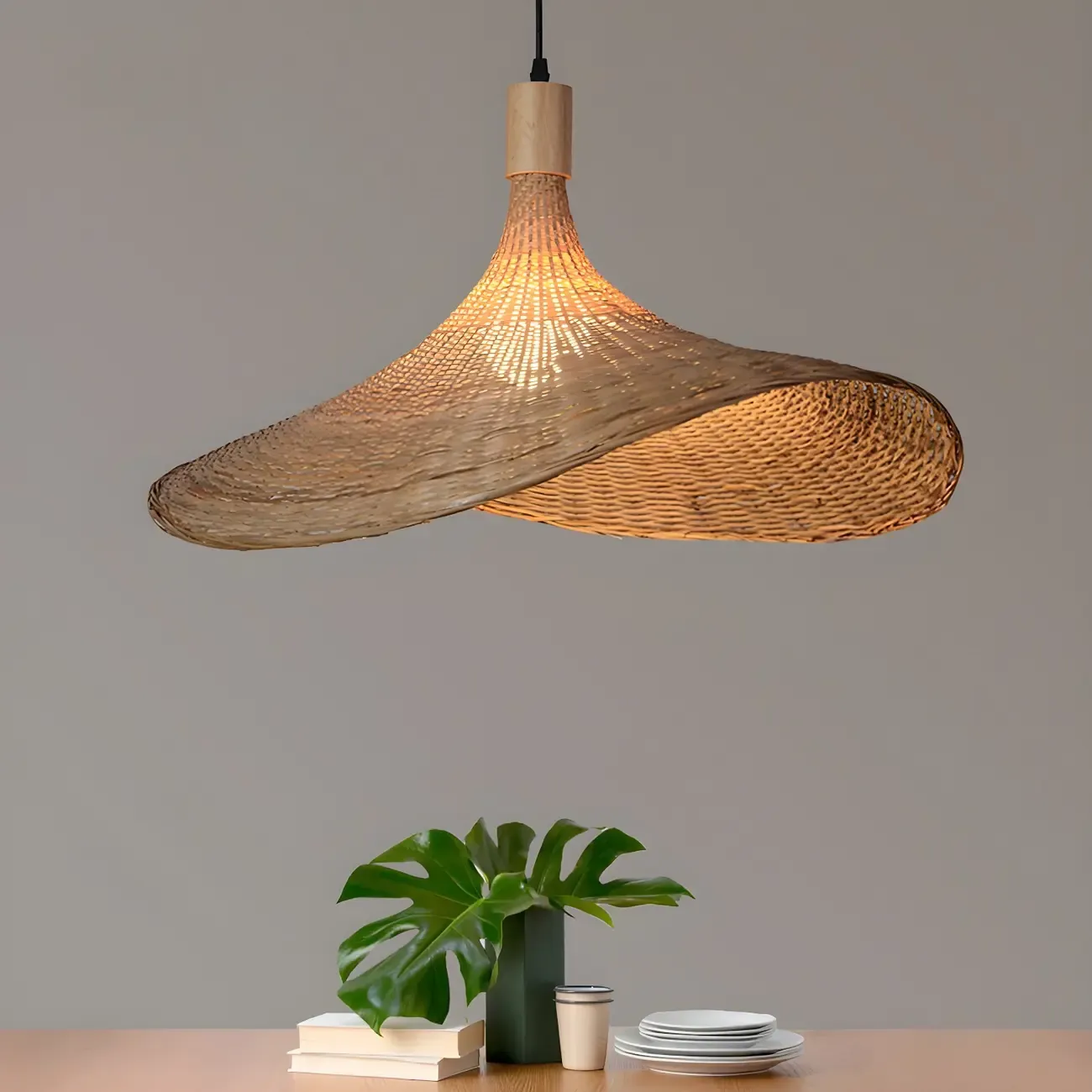 Oriental Beige Hat Shape Bamboo Hanging Pendant Light