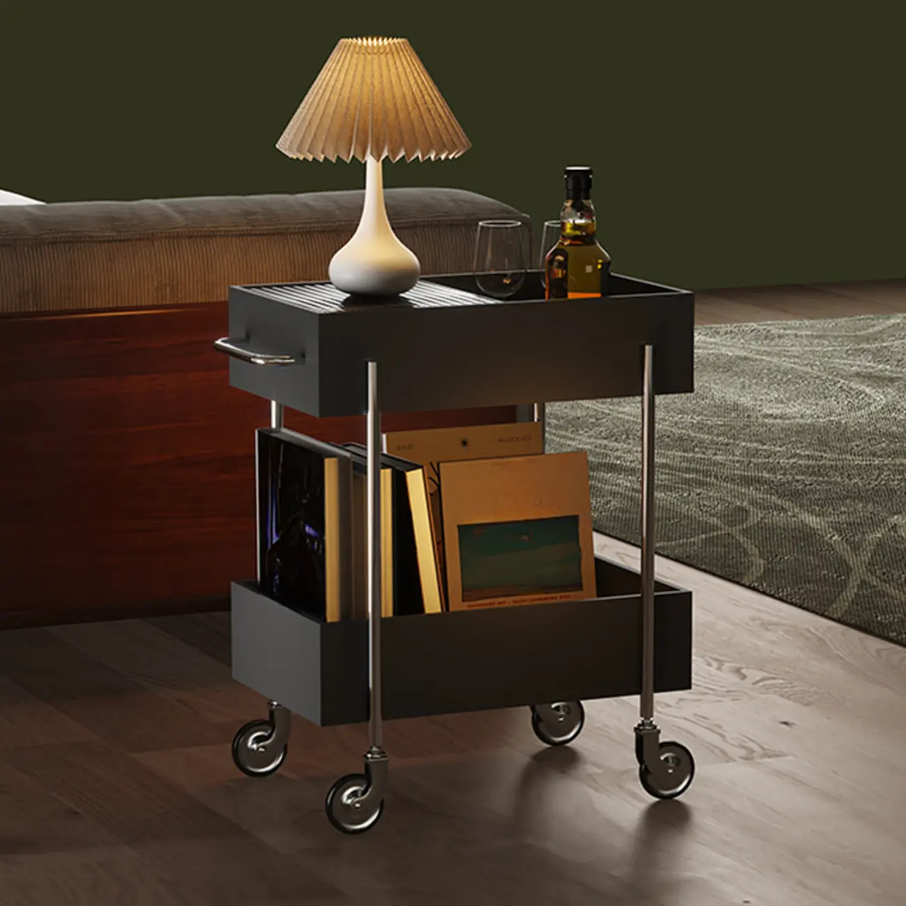 Trendy Black 2-Tier Small Side Table with Casters