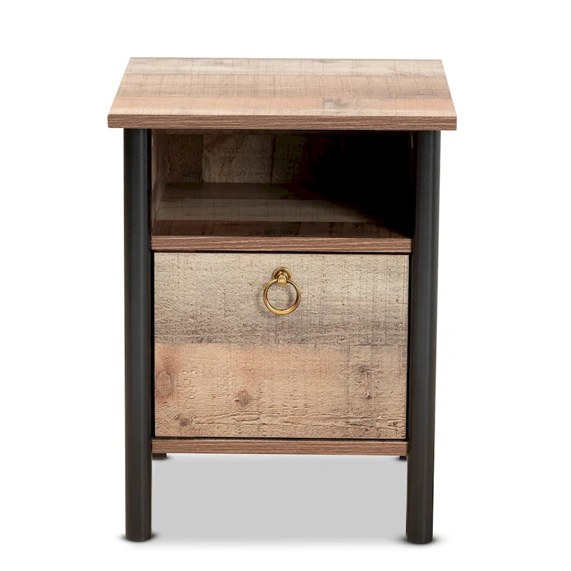 Modern Rustic Oak Brown and Black Finished Wood Nightstand