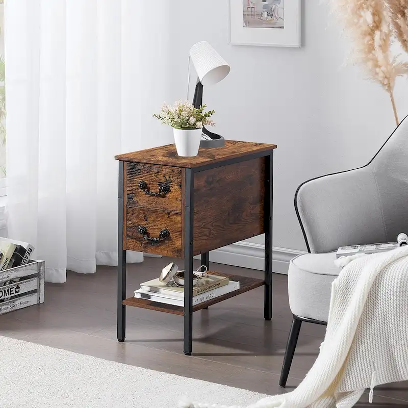Industrial 2-Drawer Nightstand Narrow End Side Table