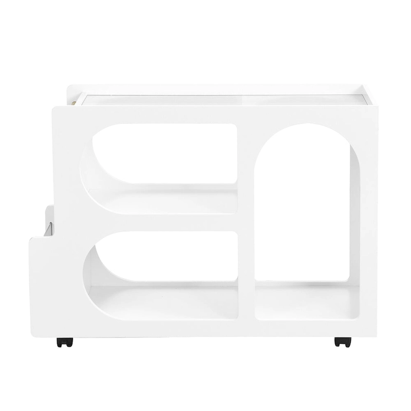 31.5 Modern Mobile End Table with 5mm Thick Fluted Tempered Glass, Lockable Wheels and Golden Round Rod