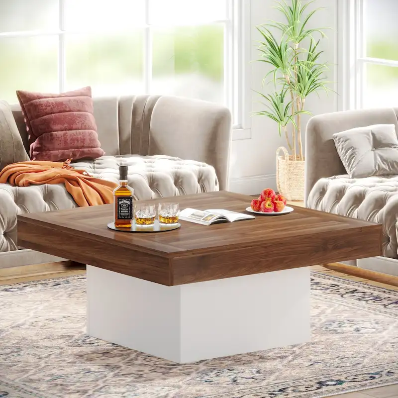 Farmhouse Coffee Table Square LED Coffee Table Engineered Wood Coffee Table