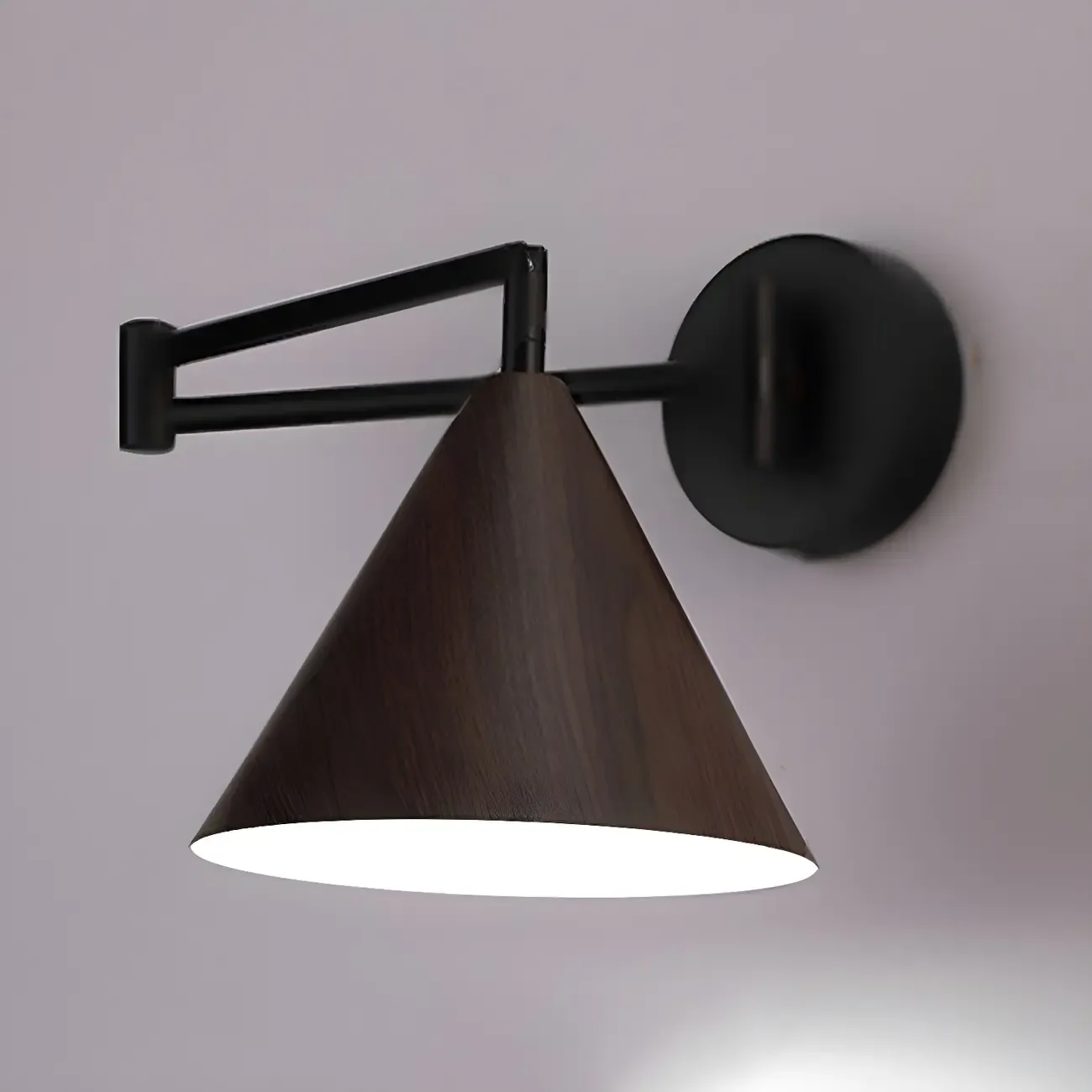 Black Metal Swing Arm Wall Light with Wood Shade