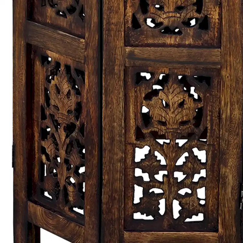 18 Inch Mango Wood Folding Accent Table, Hand Carved, Walnut Brown