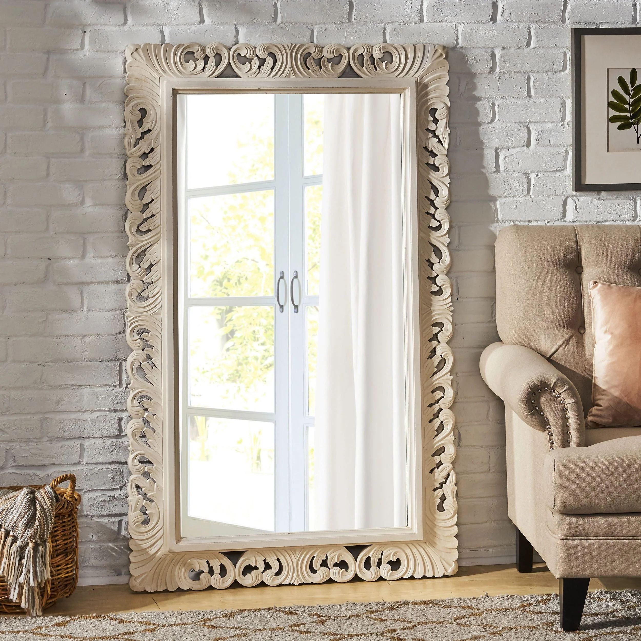 Traditional Handcrafted Standing Mirror, White - NH468413