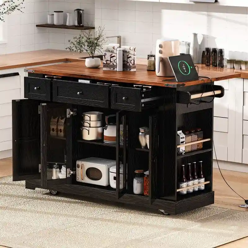 Kitchen Island w/Drop Leaf, 3 Drawers & 5 Open Side Racks, Rolling Kitchen Cart w/ 2 Tempered Glass Cabinet Doors & Power Outlet