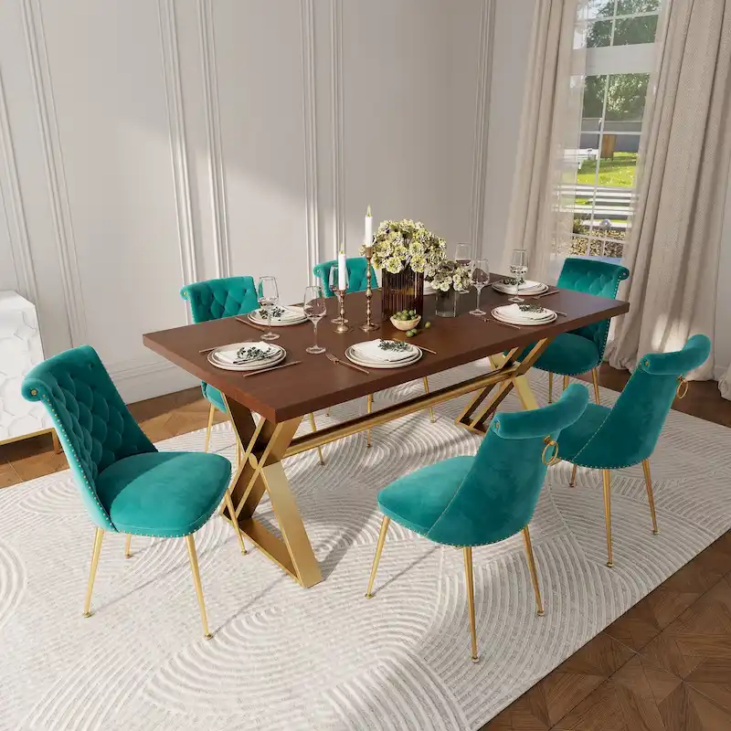 7-Piece Clihome Walut Wood Dining Table with Velvet Chair Dining Chair