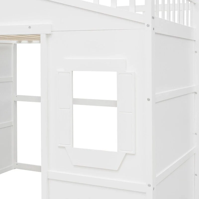 Full Size Wood Loft Bed, House Bed Frame with Ladder and Safety Guardrails for Kids, No Box Spring Needed
