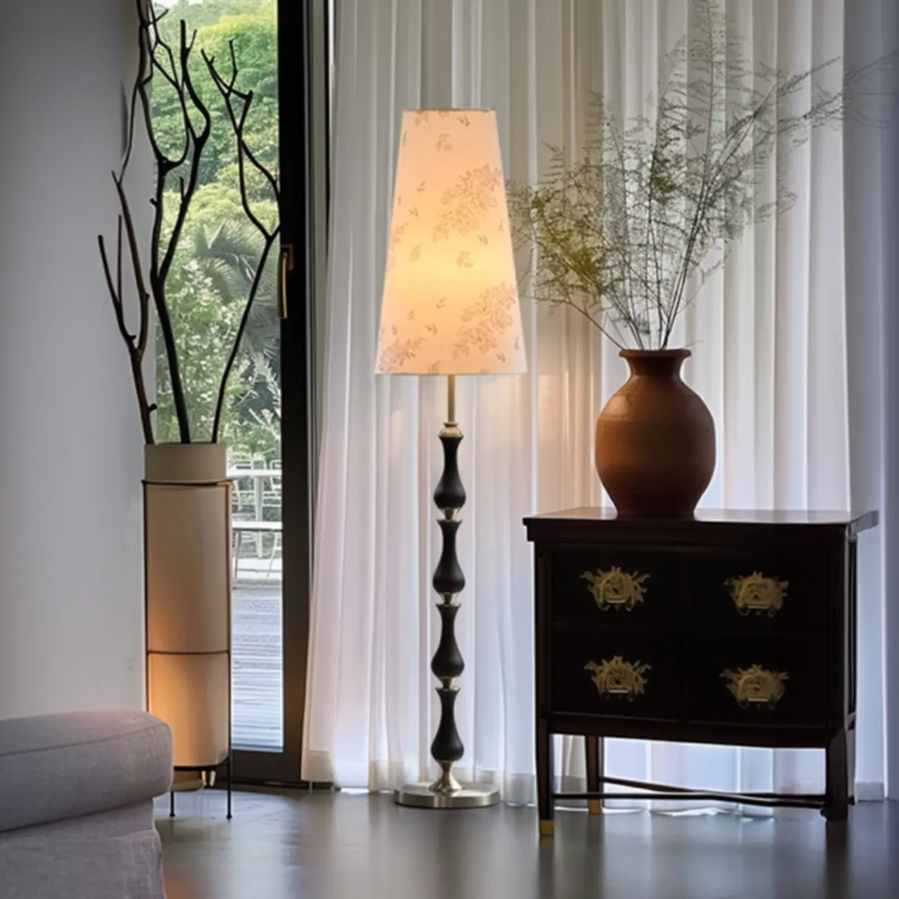 Traditional Vintage Printed Fabric Shade Floor Lamp