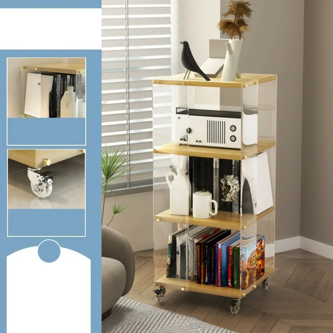 Acrylic 4-Tier Narrow Open Back Bookcase with Wheels