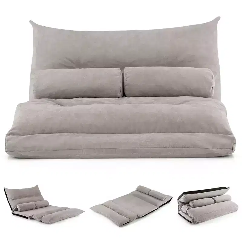 Convertible Lazy Sofa Bed with 42-Level Adjustable Backrest & 2 Lumbar Pillows Gray/Beige