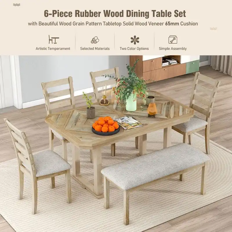 6-Piece Rubber Wood Dining Table Set with Beautiful Wood Grain Pattern Tabletop