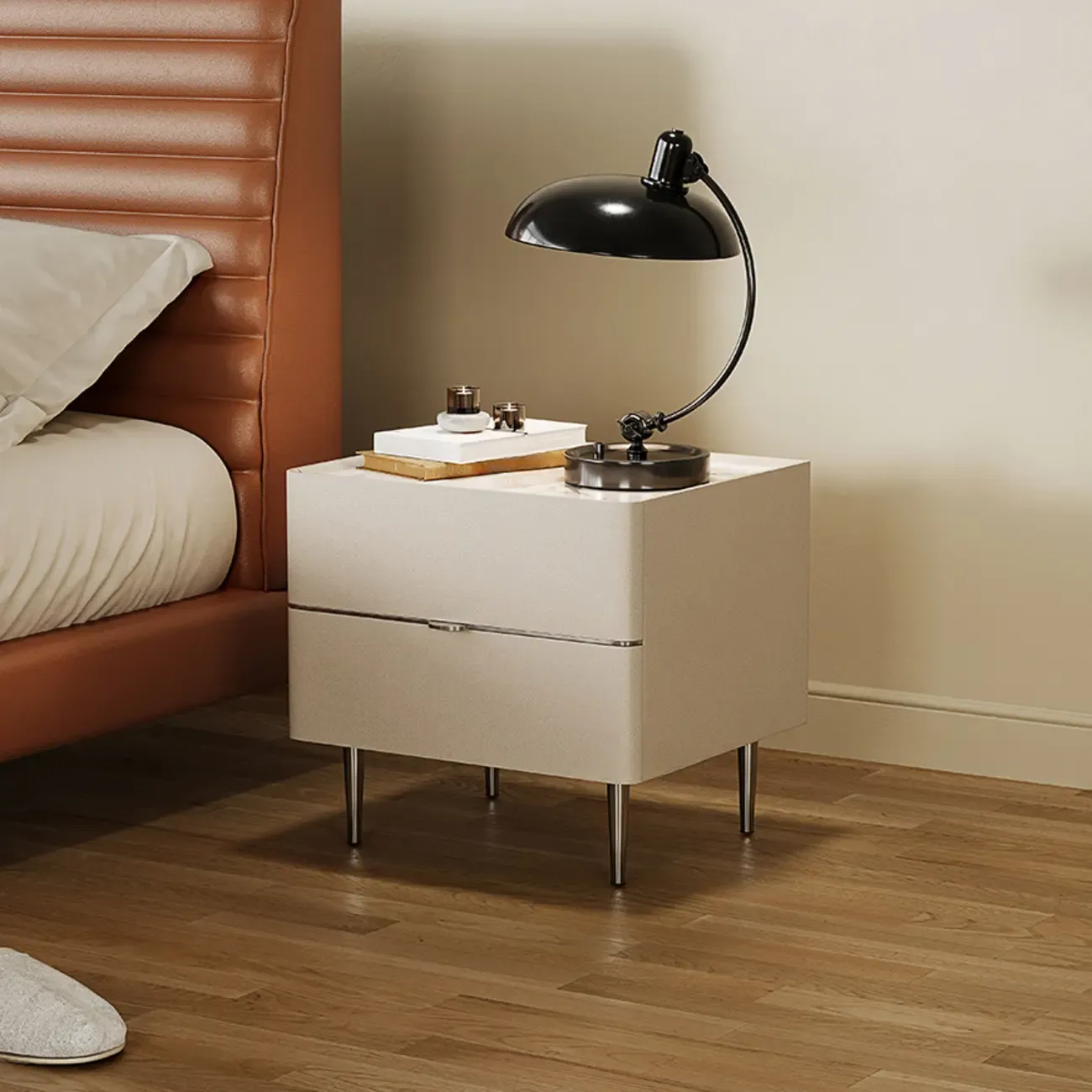 White Stone Top 2-Drawer Wood Square Nightstand