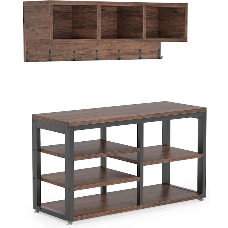 Industrial Entryway Shoe Bench and Wall-Mounted Coat Rack Set, Rustic Brown