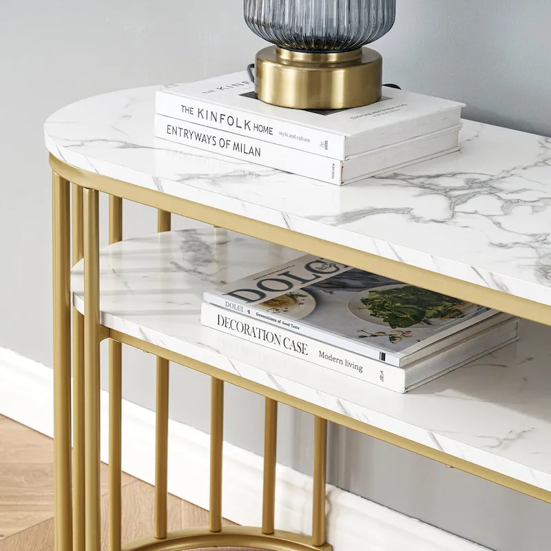 Ivinta White Sofa Table, Modern Faux Marble Top, Console Table with Gold Metal Frame