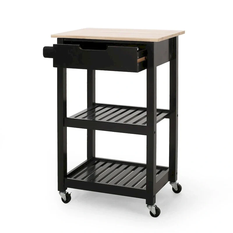 Compact Wooden Kitchen Cart with Wheels Shelves and Drawer