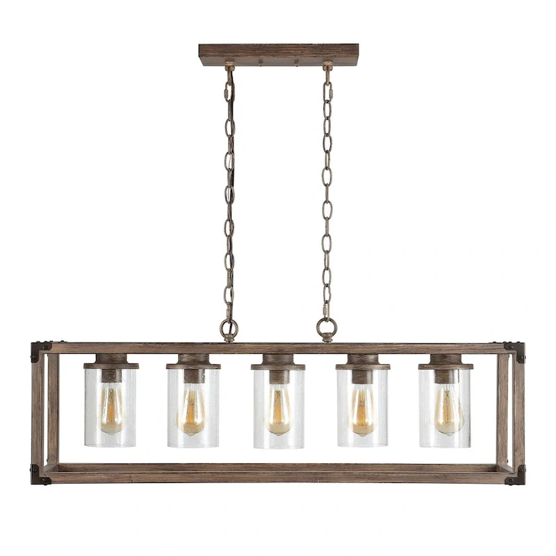 Darlene 36  5-Light Linear Adjustable Iron/Seeded Glass Rustic Farmhouse LED Pendant, Brown by JONATHAN Y