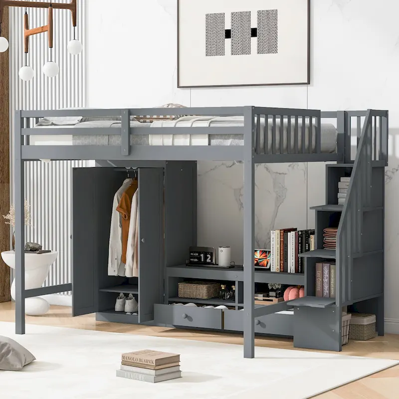 Gray Full Solid Wood Loft Bed with Wardrobe & Storage Table