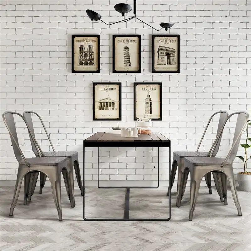 Yaheetech Set of 4 Metal Dining Chair with Wooden Stackable Chairs