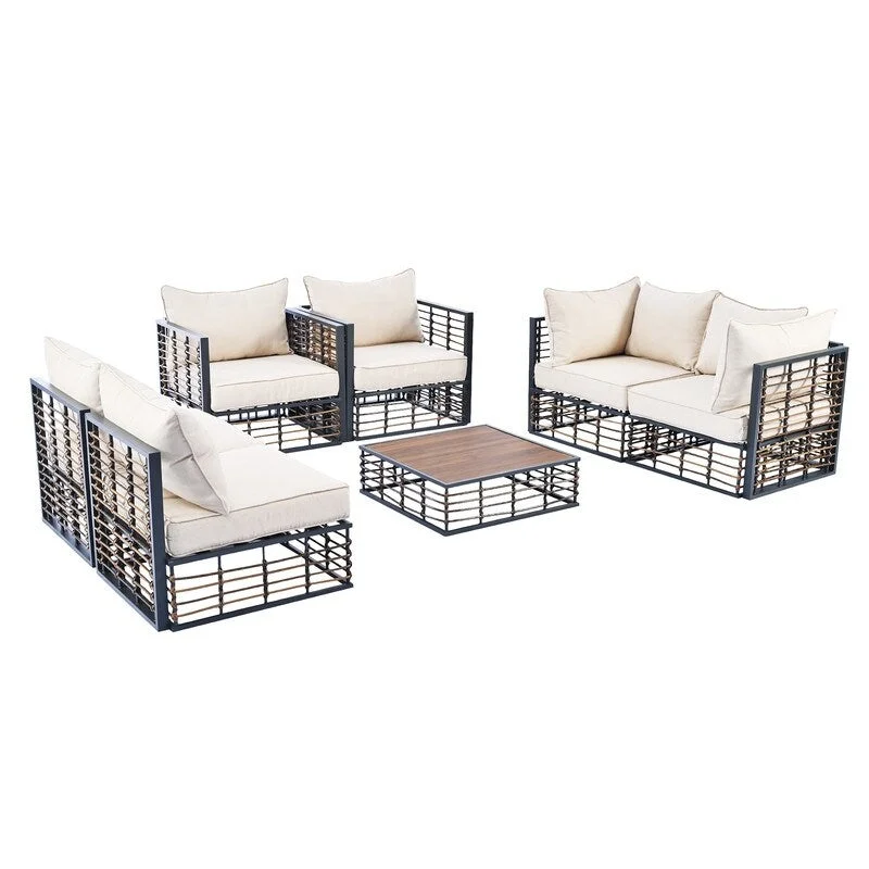 Contemporary 7-Piece Metal Outdoor Sectional Set  All-Weather Patio Furniture With Plush Cushions & Coffee Table.