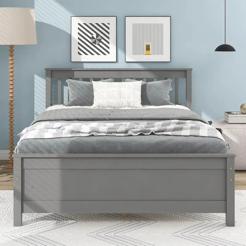 Grey Pine Wood Full Bed with Slatted Headboard and Footboard - No Box Spring Required, Includes Nightstand
