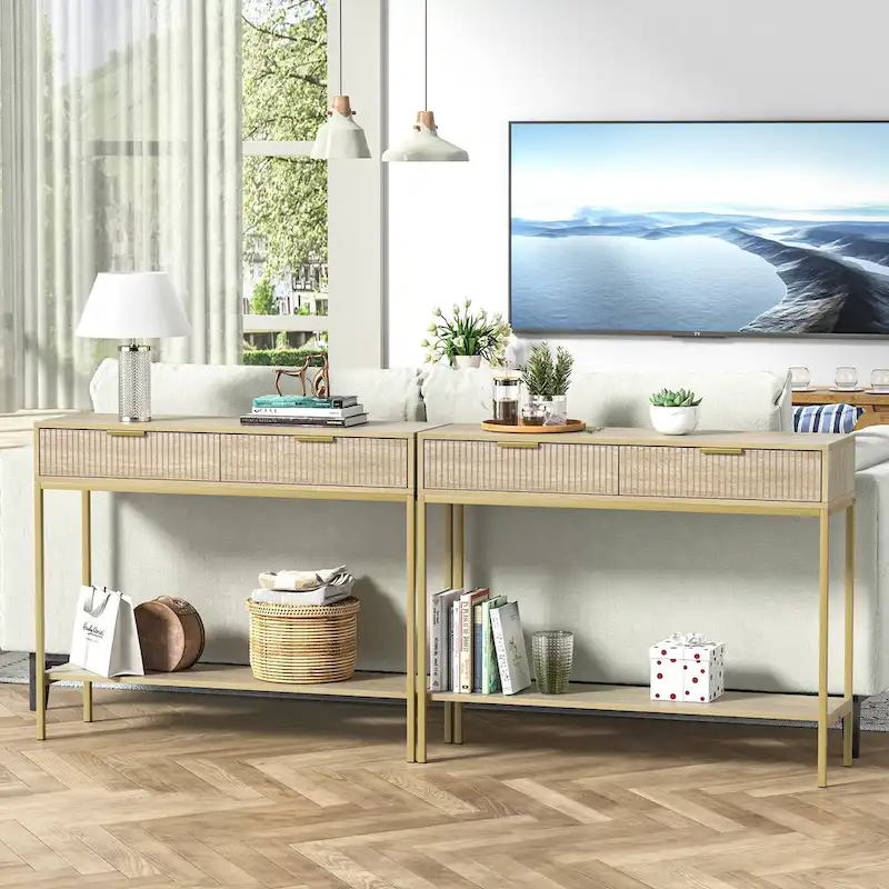 Anmytek Modern Console Table Narrow Long Console Entryway Table with 2 Drawers