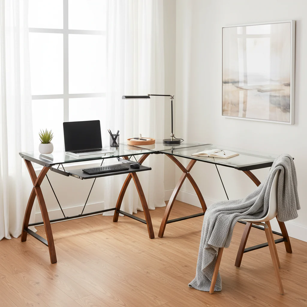 Glass L-Shape Corner Computer Desk with Pull-Out Keyboard Tray