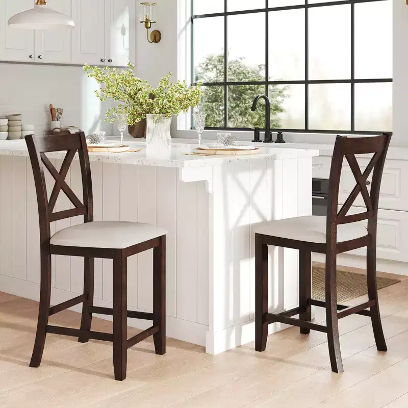 Walnut/Gray Linen Counter Bar Stool with Footrest, Set of 2/4