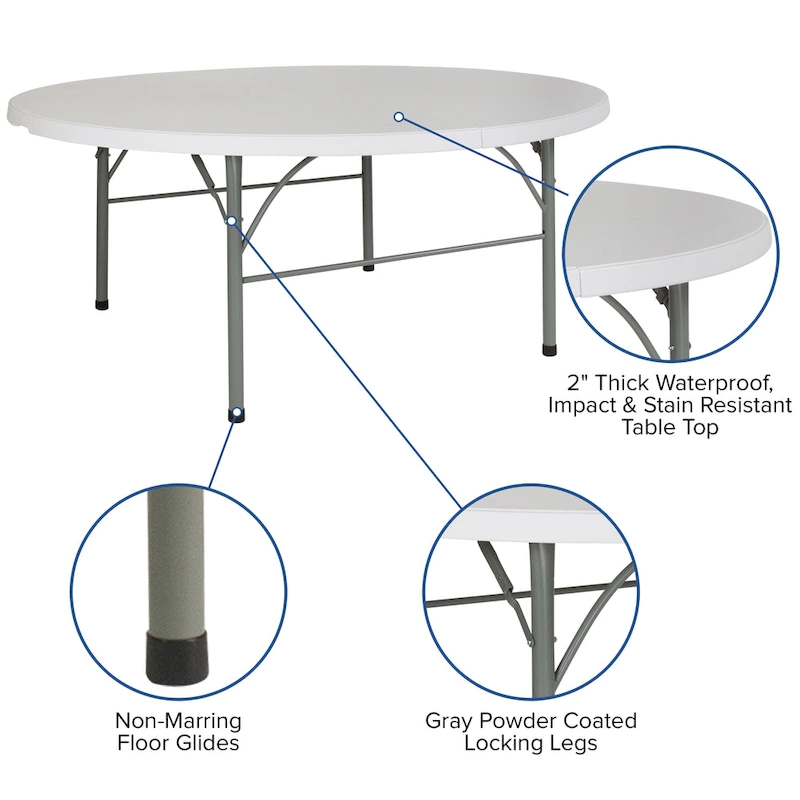 6-Foot Round Bi-Fold Plastic Event Folding Table with Handle