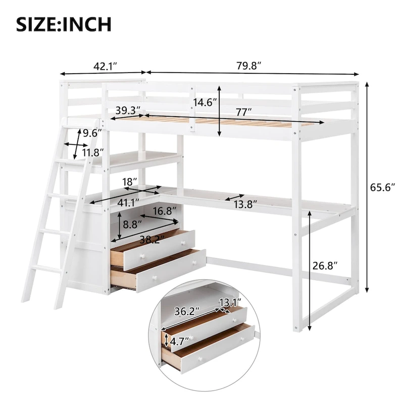 Loft Bed with Desk and Shelves, Two Built-in Drawers